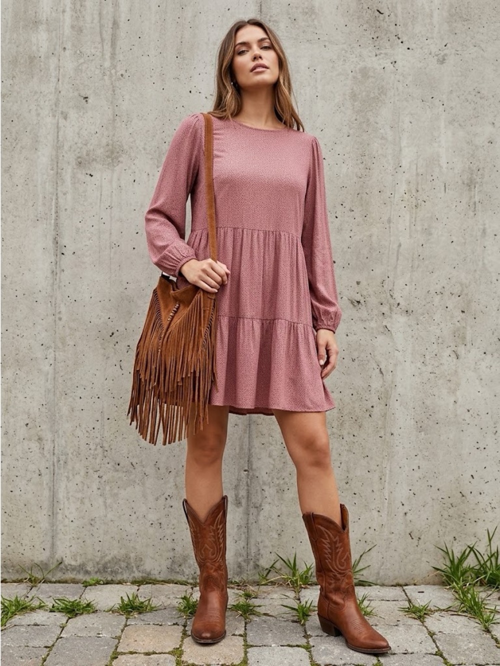 Abercrombie & Fitch Mauve Pink Polka Dot Tiered peasant Dress XL Long Sleeve